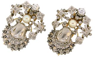 Art Deco DOUBLE CLIP Pin Brooch Pair French Platinum Gold Pearl DiamondÂ 