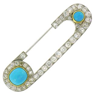 Henri PIQUET Turquoise Diamond Platinum Pin BROOCH Clip Art Deco