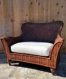 VINTAGE ARCHED CAMEL BACK FLARE ARM WOVEN WICKER LOUNGE SETTEE