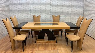 VINTAGE ITALIAN DINING TABLE WITH 6 HIGH BACK DINING CHAIRS - 9 PIECE SET