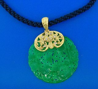 Yellow Gold and Diamond Topped Carved Jade Pendant & Gold Necklace