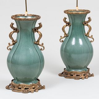 Pair of Gilt-Metal-Mounted Celadon Jars Mounted as Lamps 