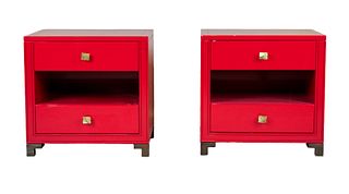 Pair of Red Lacquered Bronze&Glass Bedside Tables