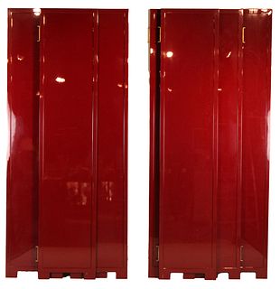 Pair of Four Panel Red Lacquered Room Screens