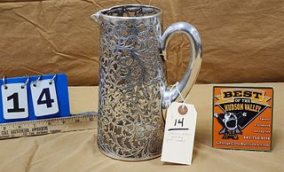 Silver Overlay Pitcher - Alvin Sterling - Cracked Glass - 9"