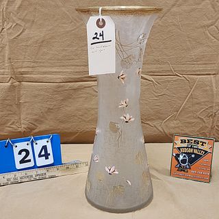 Fr Art Glass Hand Blown Vase W/ Cyclamen Enameling 15 1/2"H X 6" Diam