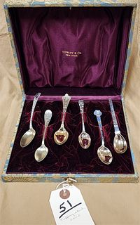 Bx'D Set 6 Tiffany Sterling Assorted Tea Spoons, "Persian," Multi Metal, Audubon, Vine Etc 2.81 Ozt