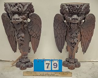 Pr Carved Wood Griffins 17 1/2"H X 19 1/2"W 
