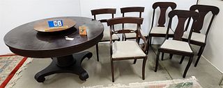 Empire Style Mahog 54" Diam Ped Base Dining Table W/ 11 Leaves And Maple Lazy Susan W/ 2 Sets Of 3 Mahog Chairs