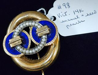 Vict 14K Brooch W/ Enamel And Seed Pearls 1 3/8" X 1 3/4"