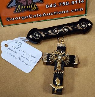 Jet 14K Mounted Bar And Cross Pendant Pin W/ Seed Pearls Inscribed To Mama On Back 3 1/4" X 3"