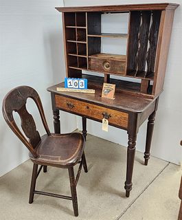19thC Oak Secretary Desk 54"H X 34 1/2"W X 20"D W/ Plank Seat Stenciled Chair