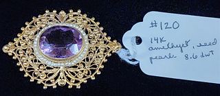 14K Pin /Pendant W/ Amethyst And Seed Pearls 8.6 Dwt