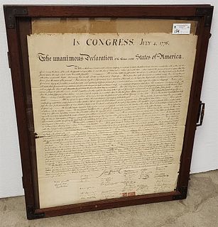 19Th C. Walnut Case 35" X 30' W/The Declaration Of Independence 31" X 26" And 19Th C. Newspapers Incl. The Berkshire Courier April 20, 1865 W/ Article