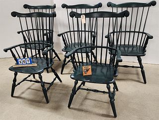 Set Of 5 20Th C. Green Windsor Arm Chairs