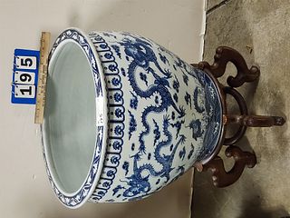 Chinese Porcelain Jardenier 18-1/2"H X 21" Diam And Wooden Base 11"H X 19" Diam