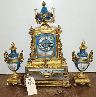 Fr. Gilt Bronze Mantel Clock W/Porcelain Mounts 16-1/2"H X 9-1/2"W X 5"D W/Gilt Wood Base 2"H 