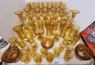 Tray 59Pc. Amber Cut To Clear Stemware W.Pr Candlesticks And 10 Berry Bowls