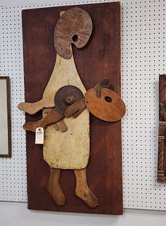 Folk Art Wooden Mother And Child Sgnd. Lenny Keslin 4' X23"