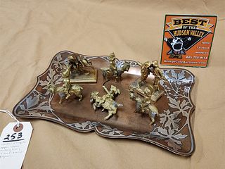 Arts And Crafts Copper Tray W/ Sterl Overlay 1/2"H X 11 3/4"W  X 7 3/4"D W/ 6 Cast Bronze Figurines 3", 2 1/2", 2 3/4" 1 Is Hallmarked