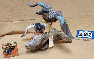 Ken Pangburn Male And Female Blue Winged Teal Carved Wood Sculpture 15"H X 18"W X 20"D