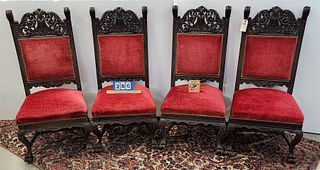Set 4  Carved Oak Chairs