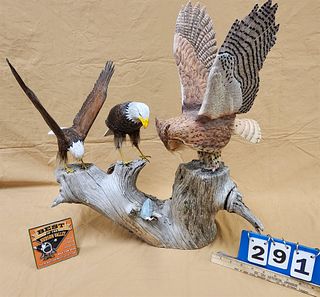 Ken Pangburn Wooden Sculpture Of 2 Eagles And A Great Horned Owl 25"H X 21"W X 14"D