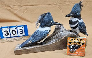 Ken Pangburn Wooden Sculpture Of Male And Female Kingfishers 10 3/4"H X 18 3/4"W X 4"D