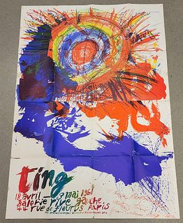 Unframed Ting Exhibition Poster April 18 Galeri Rive Gauche 1961 Inscribed "To Harry Roskolenko Exciting Time From Walasse Ting 1962 48 1/4" X 34"