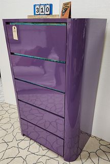 Purple Laminate 5 Drawer Chest 4'H X 30"W X 18"D Small Folding Coffee Table Metal Base Glass Top