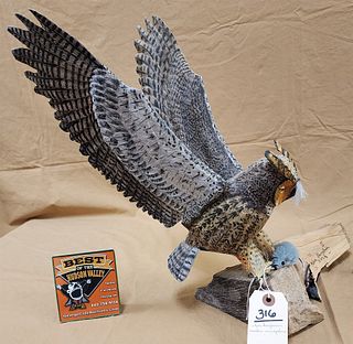 Ken Pangburn Wooden Sculpture Of A Great Horned Owl 17 1/2"H X 21"W X 11"D