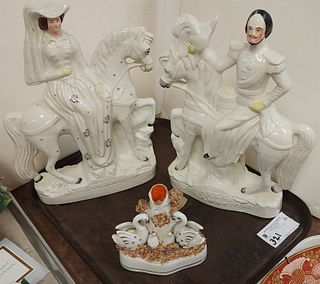 Tray 3 Pc 19Th C Staffordshire Figurines Pr 14" Duke And Dutchess Of Cambridge And Swans And Signets 5"