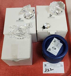 Tray 4 Pc Swarovski Crystal Figurines Clam W/ Pearl , Heart W/ Bow, Ladybug And Rocking Horse