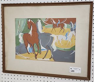 Framed Tempra Horses Sgnd M. Cheney 1950 11 3/4" X 17"