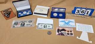 Tray 1917 $1 Us Note 1976 Bicentennial- $2, 1986 Liberty Half Dollar, 1936 A Year To Remember Coin Set, The Americana Series Coin Set 1972 Eisenhower 