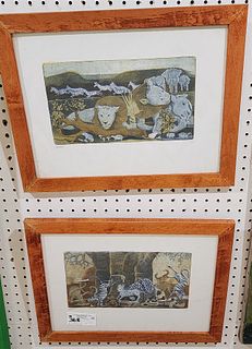 Pr Framed Etchings "Lions" And "Fighting Animals" Pencil Sgnd Rokino Ntila 11 1/2"H X 15 1/2"
