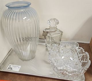 Tray Brilliant Cut Glass Bowl 4"H X 8"D, Crystal Decanter 8 1/2"H And Opalescent Vase 13"