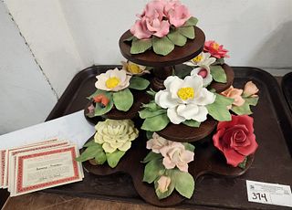 Tray 12 Capodimonte Porcelain Flowers And Wooden Stand