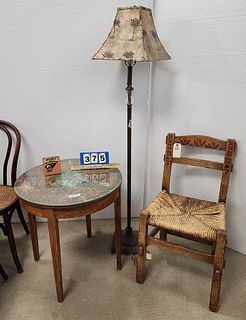 Ptd Table 25 1/2"H X 24" Diam W/ Rush Seat Chair And Floor Lamp