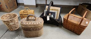 Firewood Wicker Basket 20"H X 25"W X 21"D, 3 Framed Items And Picnic Basket 10 1/2"H X 18"W X 12 1/2"D