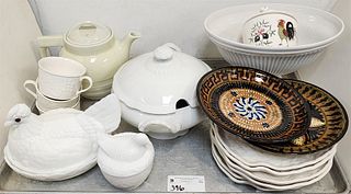 Tray Milk Glass Chicken On Nest Covered Bowl, 7 Cabbage Leaf Plates Portuguese, Tea Pot Etc 