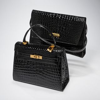 (2) Croc-embossed black handbags