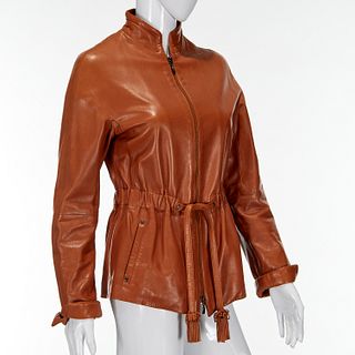 Giorgio Armani belted waist cognac leather jacket