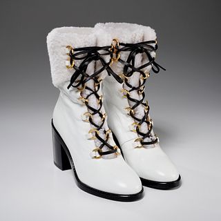 Stuart Weitzman white leather fur trimmed boots