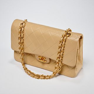 Chanel beige quilted lambskin double flap handbag