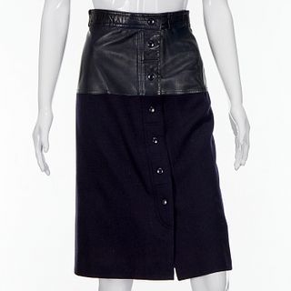 Escada navy leather & wool skirt