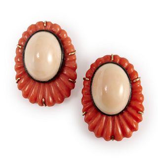 14k gold, coral & onyx ear clips