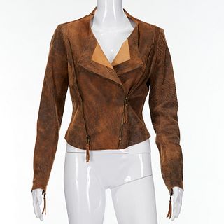 Illia distressed crop "Moto" brown leather jacket