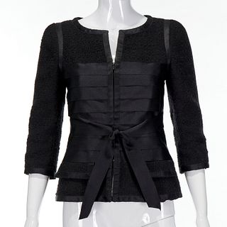 Chanel black boucle & satin belted jacket