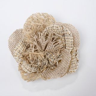 Chanel tweed & raffia camellia flower brooch